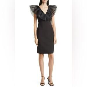 Eliza J Black Organza Ruffle Sleeve Dress Formal Wedding Event Cocktail Sexy- 6